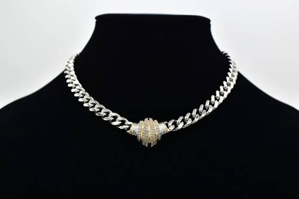 Christian Dior Vintage Crystal Collar Necklace Silver Gold Signed 1960s BinBJ